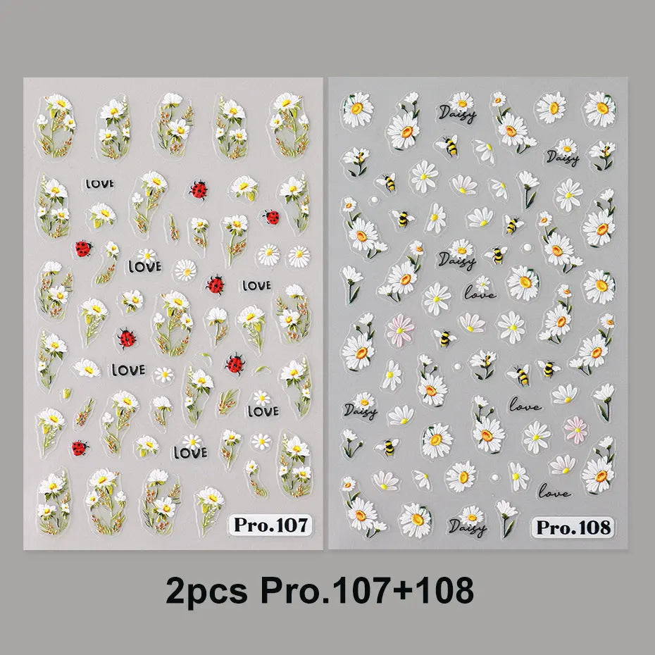 2pcs 5D Embossed Spring Daisy Nails Decals Cute Bee Ladybug Nail Stickers Blossom Petals Adhesive Charms Manicure Slider Decor