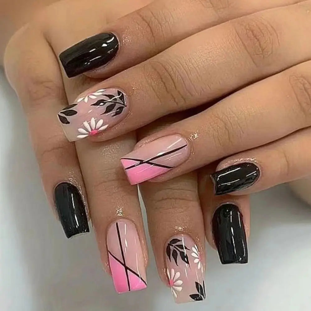 24pcs Fashion Square Long False Nails French Rainbow Flowers Aurora Wavy Butterfly Fake Nails Full Cover Press on Nails Tips