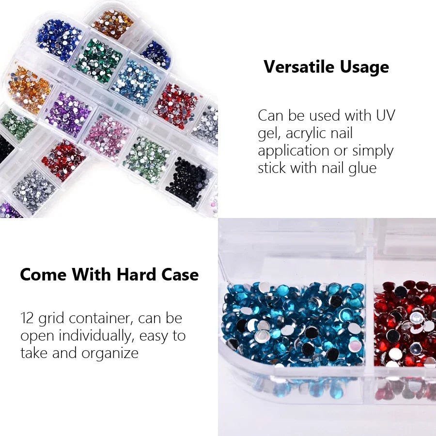 12 Colors Flatback Nail Art Rhinestones Nail Gems Glass AB Clear Crystal Rhinestones Nail Art Charms DIY Manicure Accessories