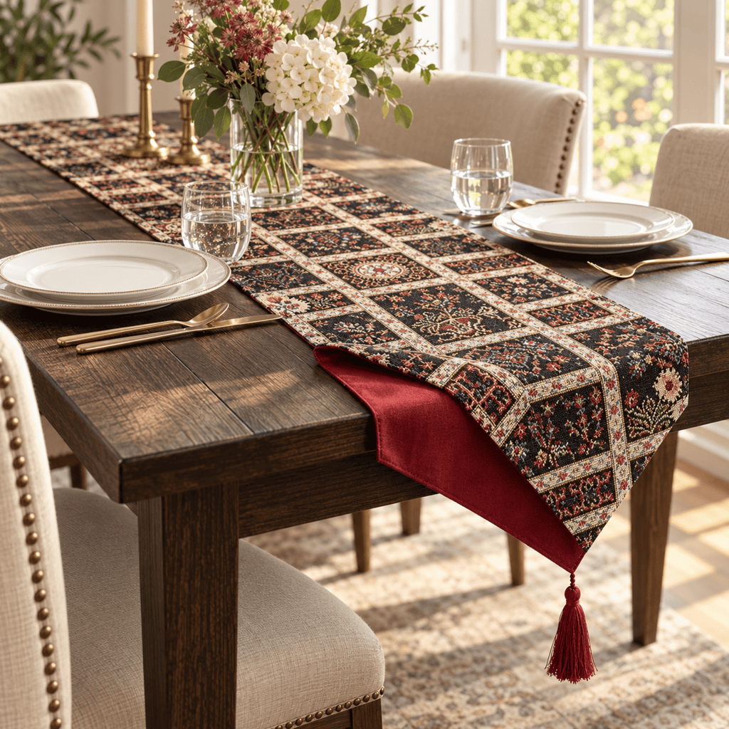 DaDalogy Bedding Elegant Woven Mughal Floral Tapestry Table Runner, Dark Noir Botanical Vintage Fleur (18197)