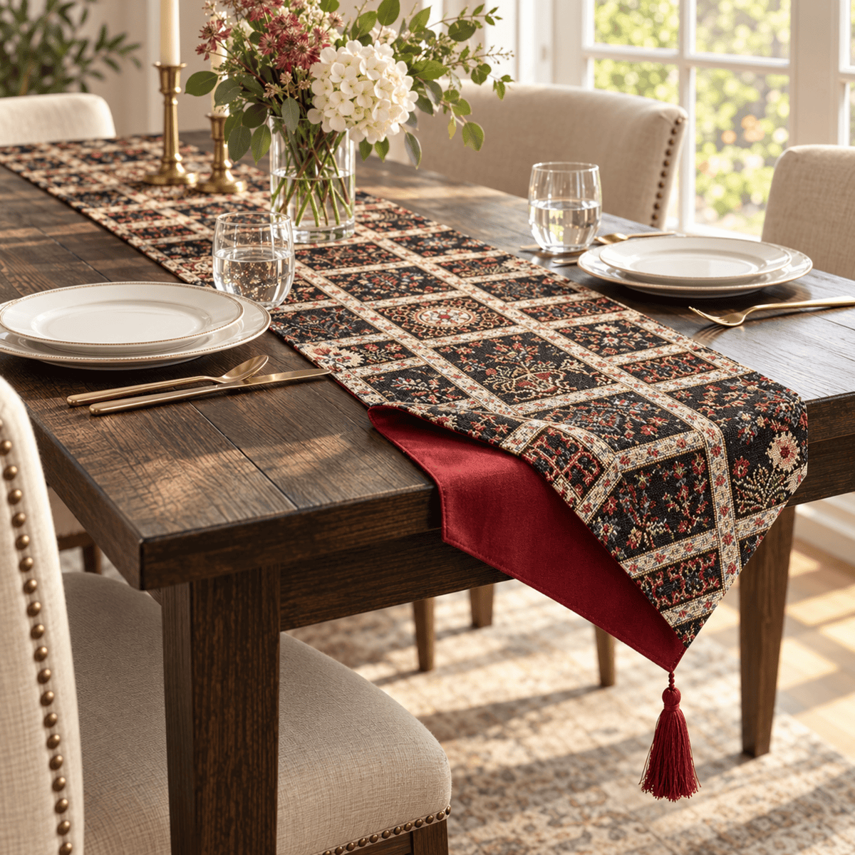 DaDalogy Bedding Elegant Woven Mughal Floral Tapestry Table Runner, Dark Noir Botanical Vintage Fleur (18197)