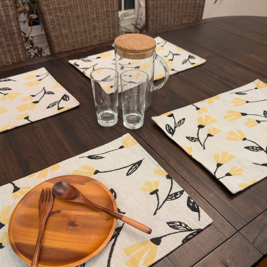 DaDa Bedding Set of 4-Pieces Sunshine Yellow Fleur Spring Tapestry Dining Table Placemats 13” x 19” (18112)