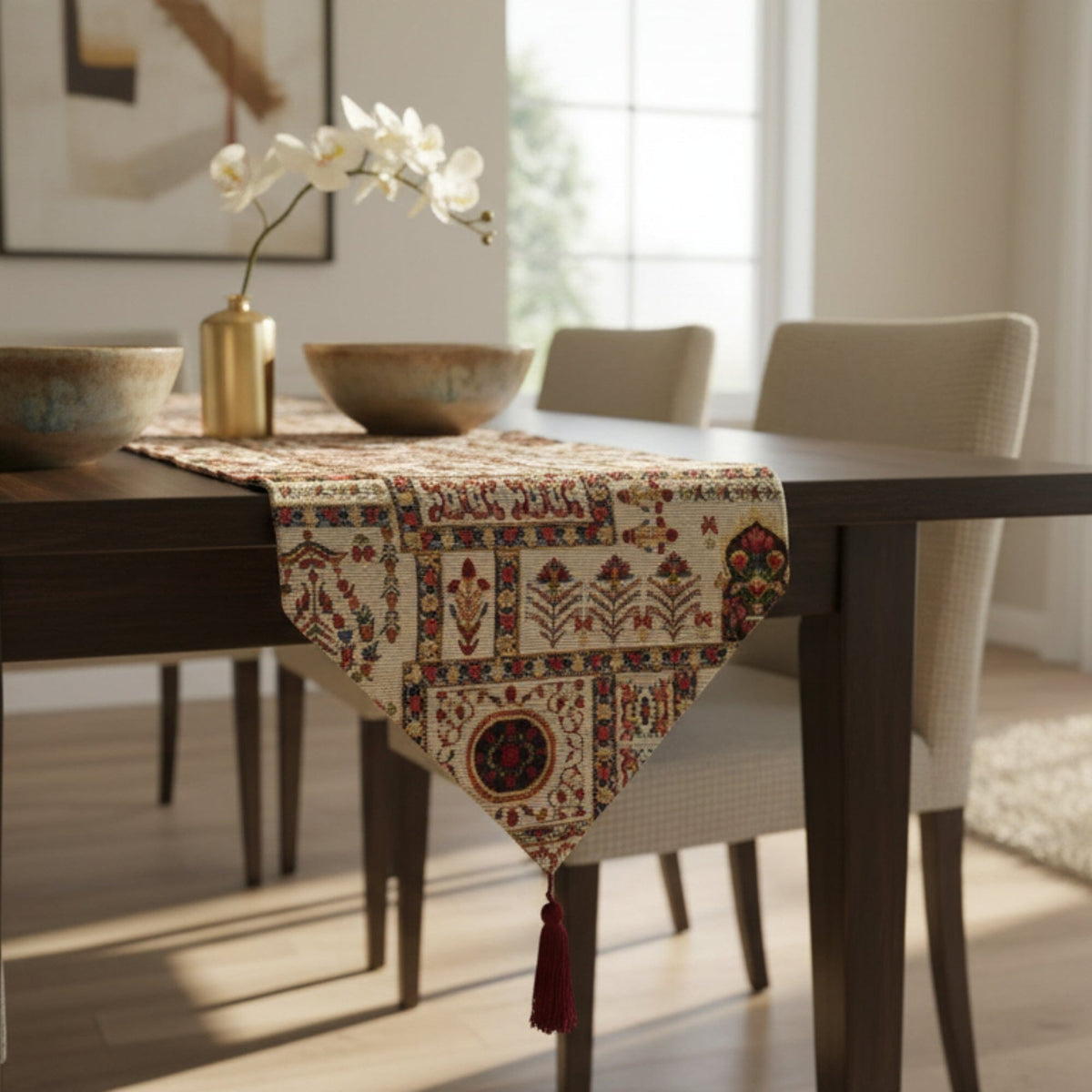 DaDalogy Bedding Cottage Mughal Floral Woven Tapestry Table Runner, Light Fleur White Botanical Vintage (18196)