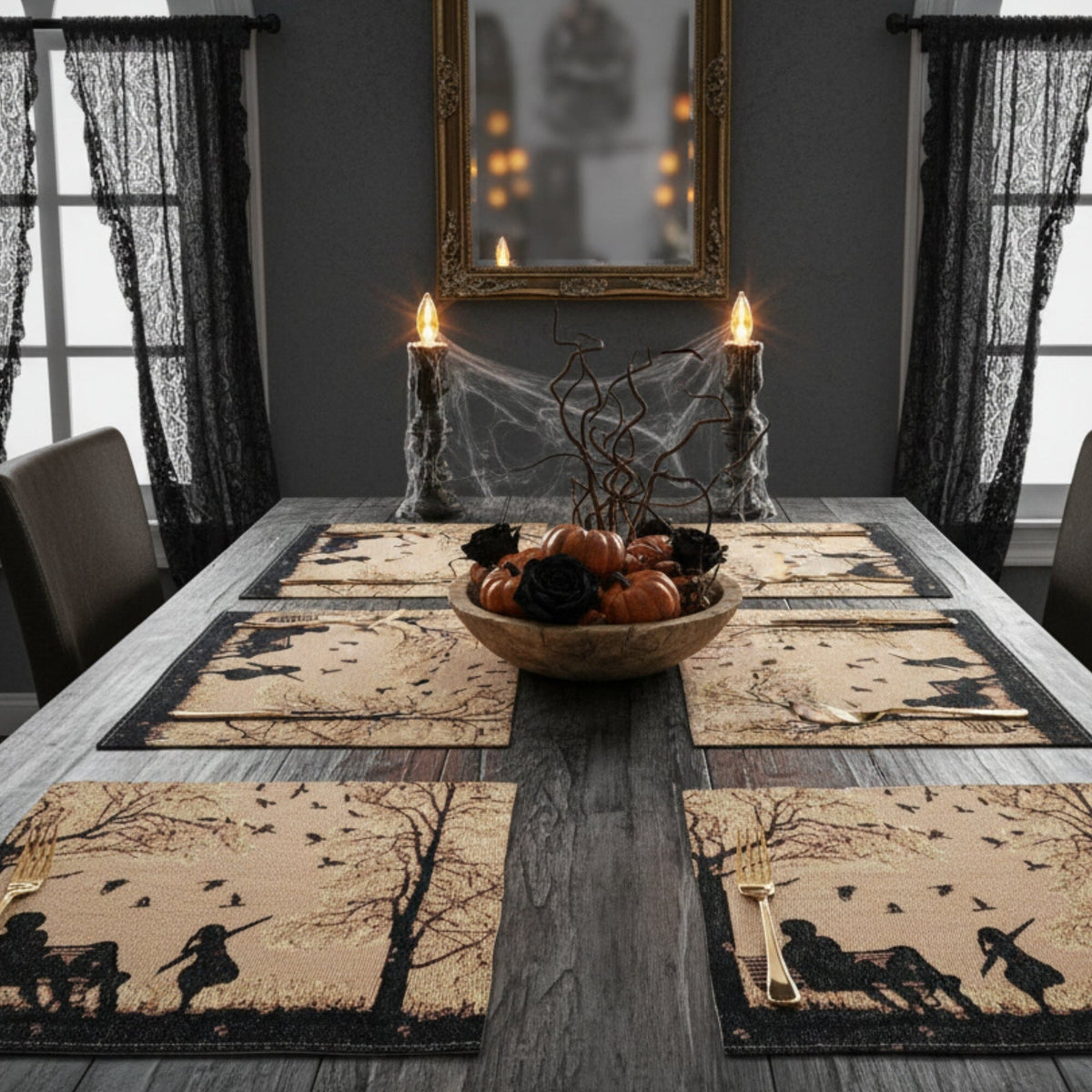 DaDalogy Bedding Set of 4 Pieces Autumn Birds Blessing Tapestry Dining Placemats 13” x 19” (Halloween)