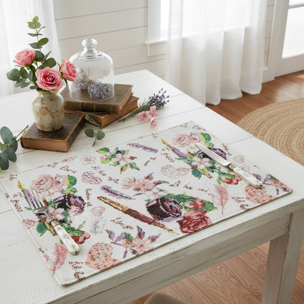 DaDa Bedding Set of 4-Pieces Sweet Love Notes Pink Floral Tapestry Dining Table Placemats 13” x 19”