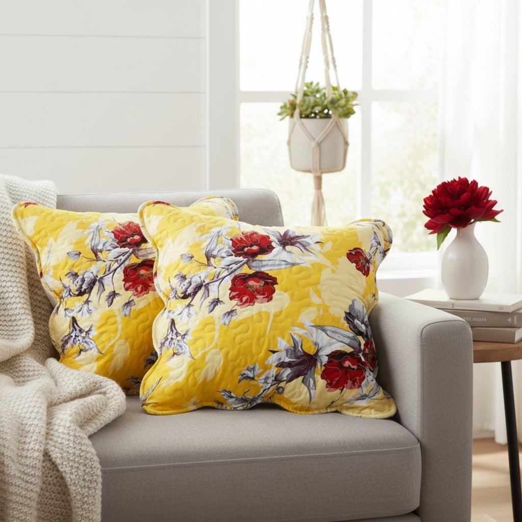 DaDa Bedding Set of 2 Sunshine Yellow Hummingbirds Floral Scalloped Throw Pillow Covers, 18" (JHW925)