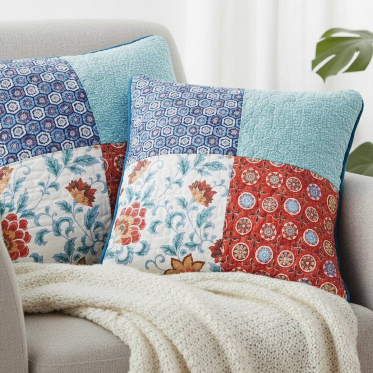 DaDa Bedding Set of 2-Pieces Bohemian Vibes Patchwork Floral Throw Pillow Covers, 18" x 18" (JHW878)