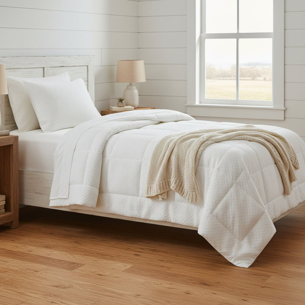 DaDa Bedding Dreamy Soft Velvet Ivory White Plush Velour Tufted Quilted Comforter Set (JHW861)