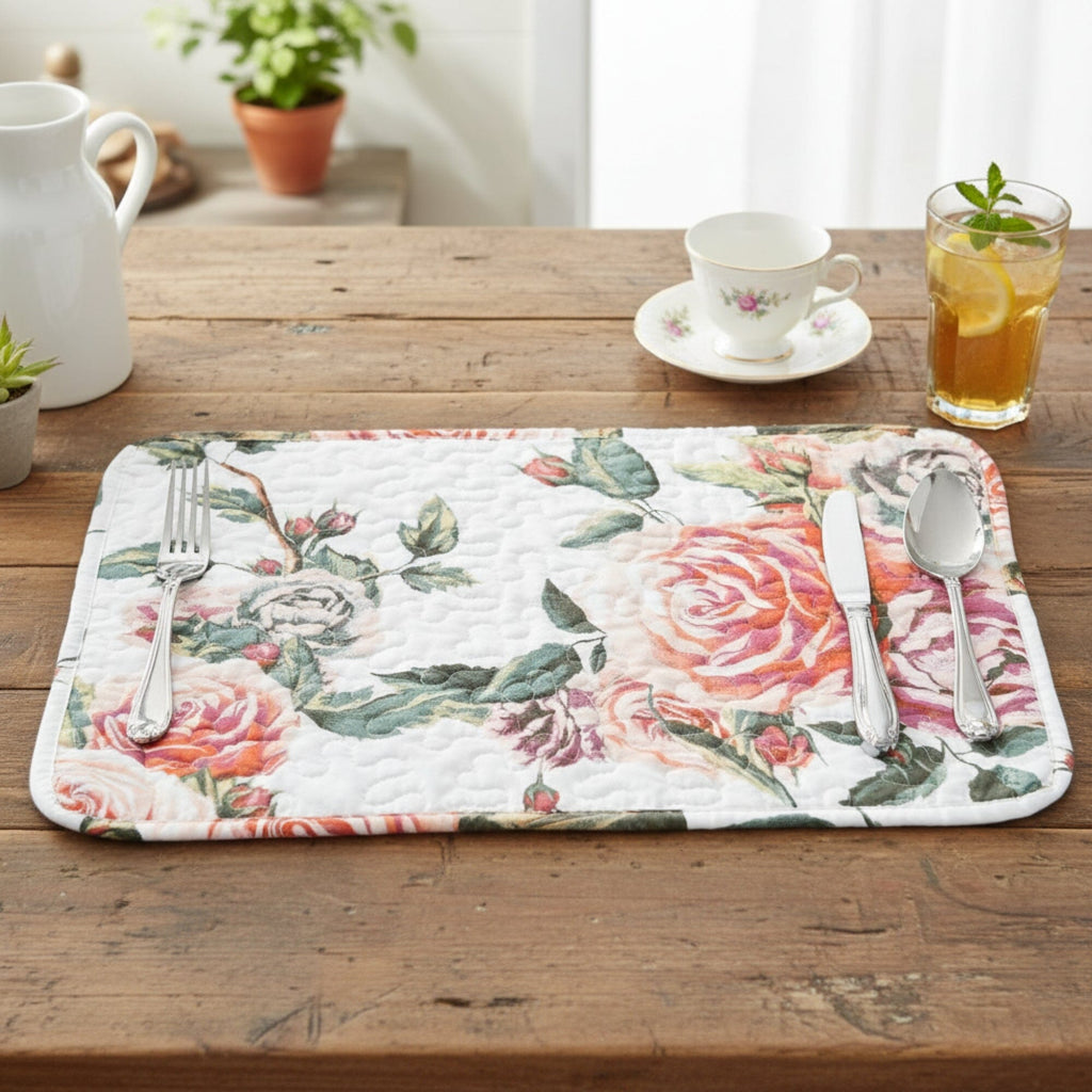 DaDa Bedding Set of 4-Pieces Romantic Roses Pink Floral Quilted Dining Placemats 13” x 19” (879)