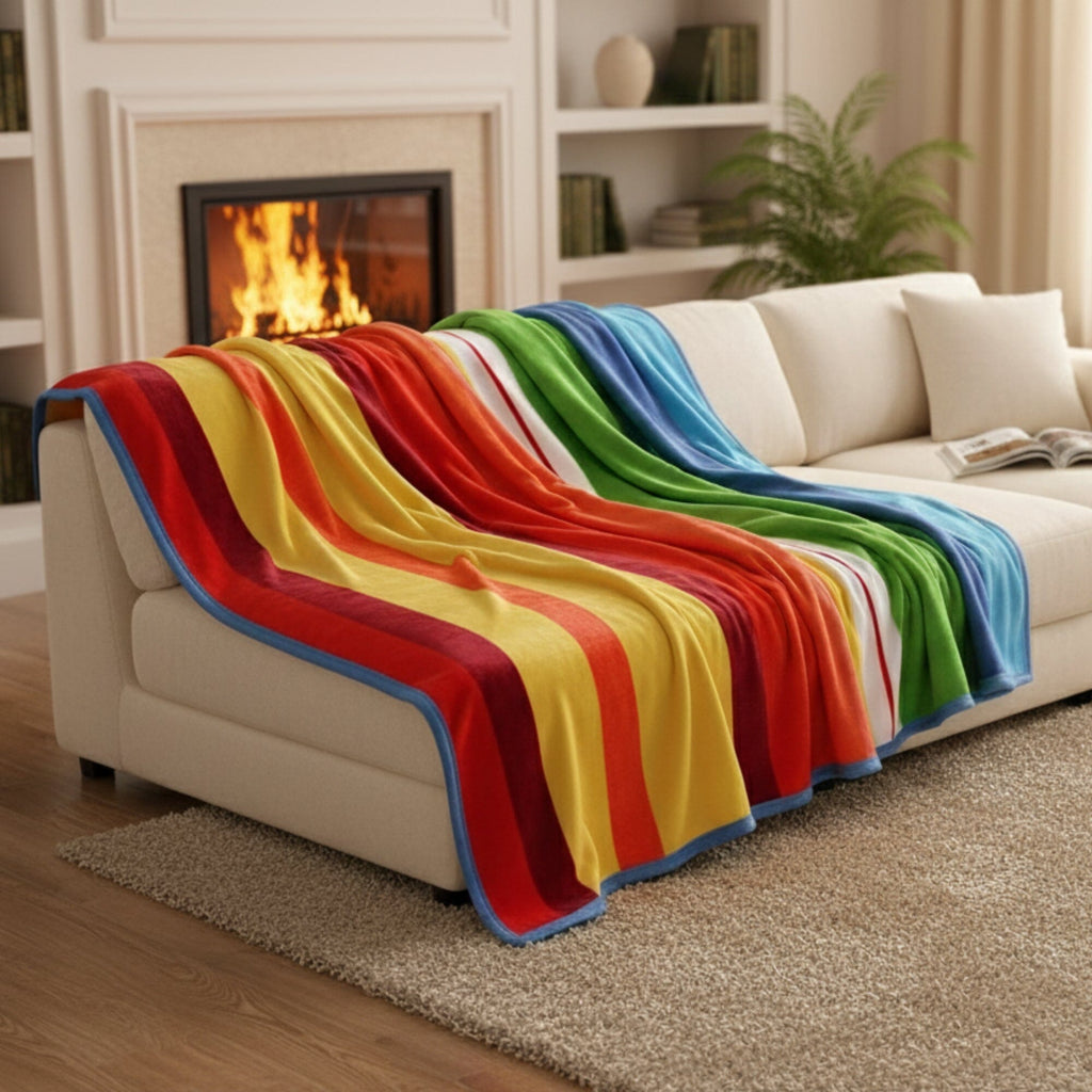 DaDa Bedding Colorful Striped Rainbow Reversible Plush Luxe Flannel Fleece Throw Blanket (XY9867)