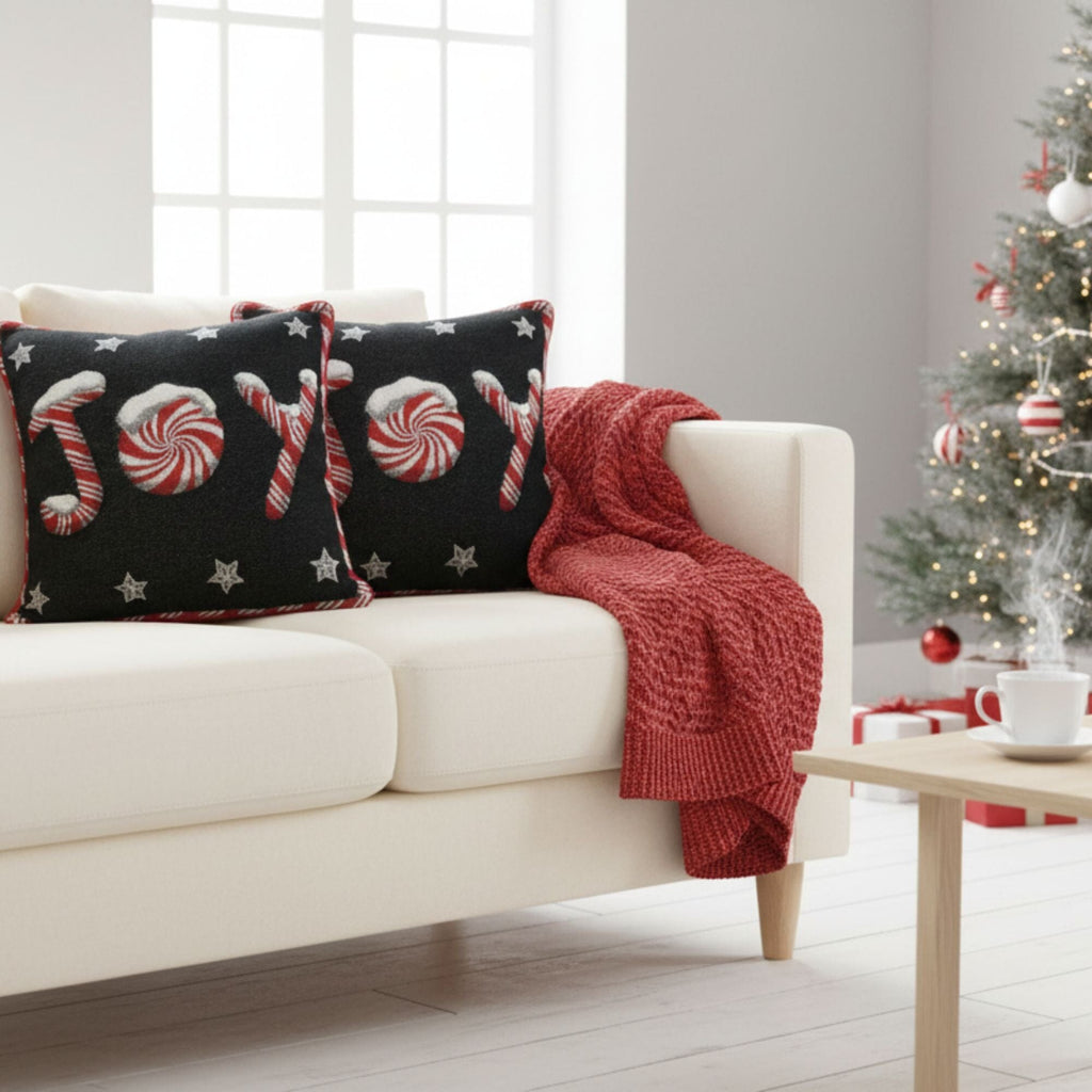 DaDa Bedding Peppermint Joy Stars Red Black Tapestry Throw Pillow Cover - 16” x 16” (12904)