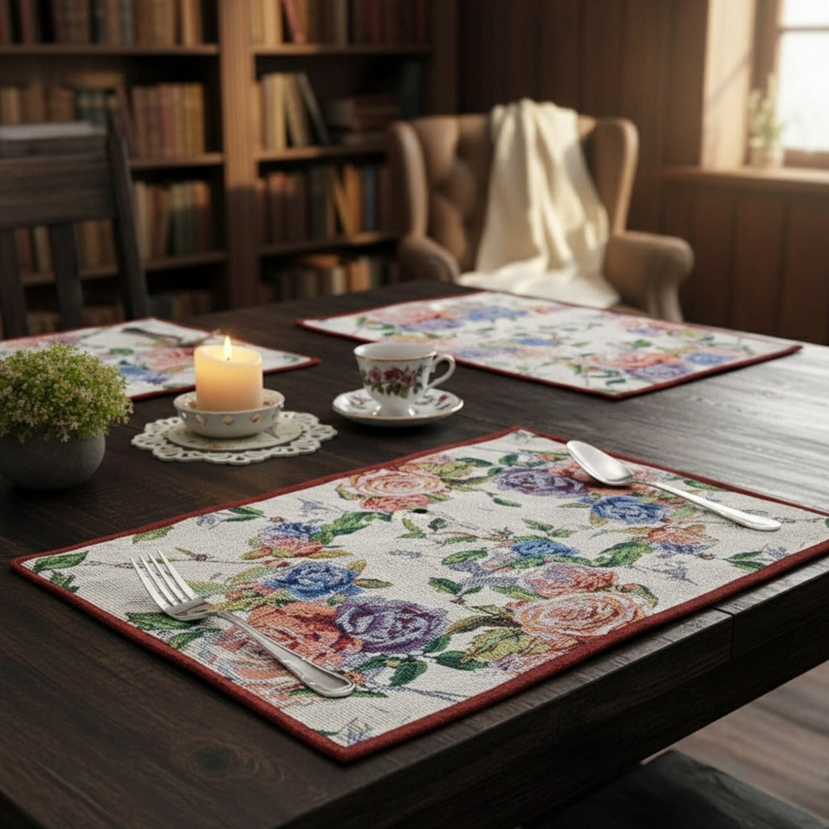 DaDa Bedding Set of 4-Pieces Vintage Romantic Roses Lovely Pink Floral Tapestry Placemats 13” x 19” (879)