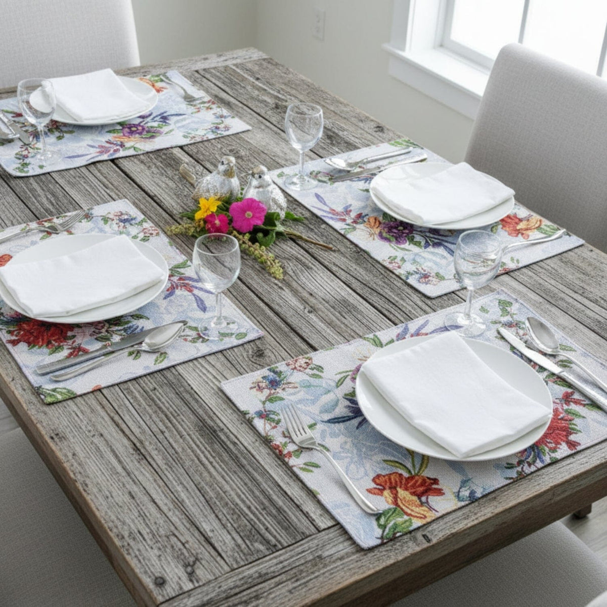DaDa Bedding Set of 4-Pieces Tropical Sky Blue Birds Floral Tapestry Dining Table Placemats 13” x 19” (18116)