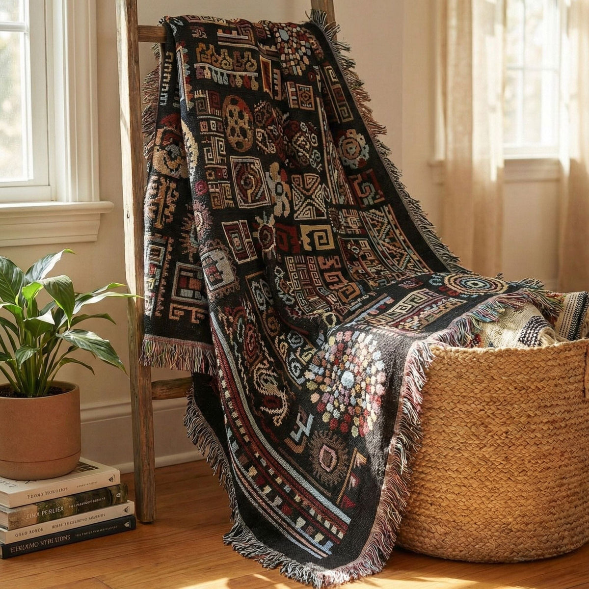 DaDa Bedding Elegant Tapestry Throw Blanket, Ethnic Ornaments Geometric Black - 50” x 60” (7174)