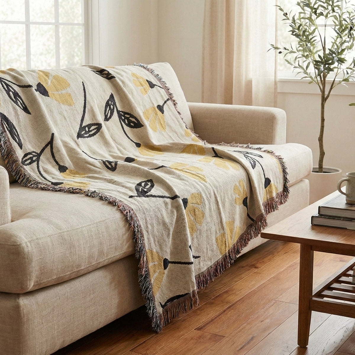 DaDa Bedding Yellow Fleur Botanical Sunshine Golden Floral Woven Tapestry Throw Blanket - 50” x 60” (18112)