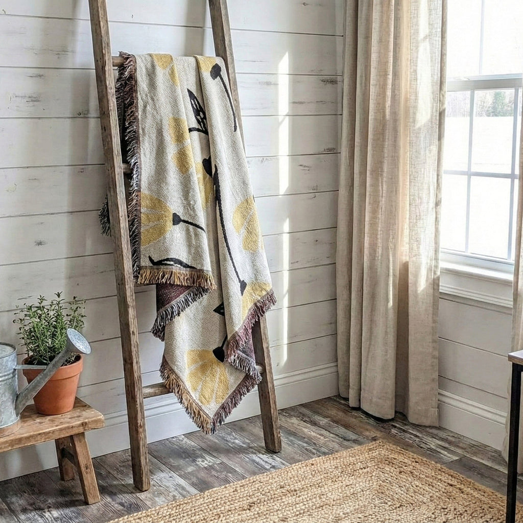 DaDa Bedding Yellow Fleur Botanical Sunshine Golden Floral Woven Tapestry Throw Blanket - 50” x 60” (18112)