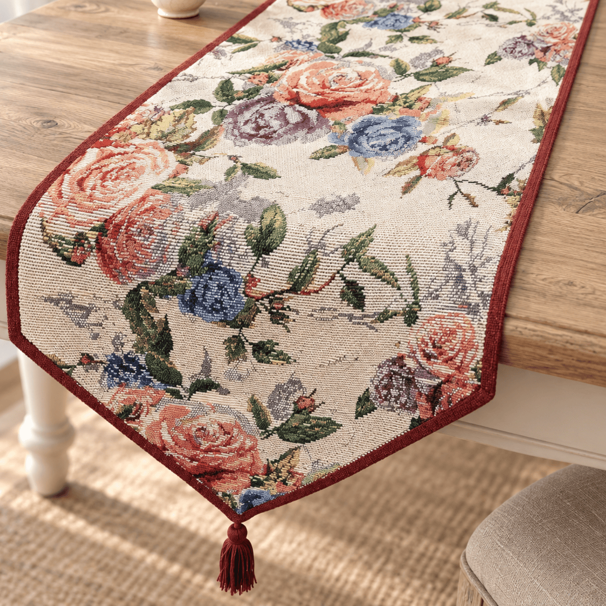 DaDa Bedding Vintage Romantic Roses Lovely Pink Floral Woven Tapestry Dining Table Runner (879)