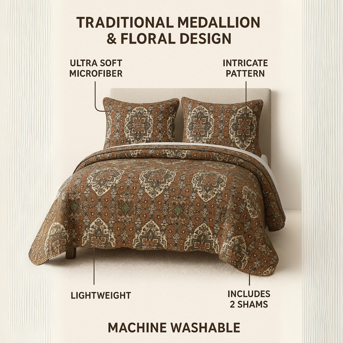 DaDa Bedding Rustic Earthy Cross Motif Folk Ogee Moroccan Scalloped Quilted Bedspread Set (JHW-944)