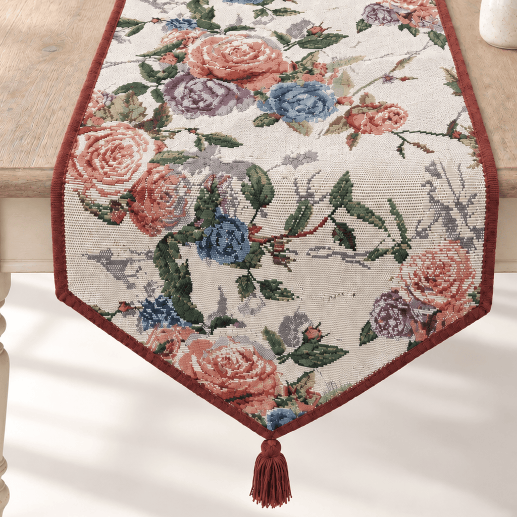 DaDa Bedding Vintage Romantic Roses Lovely Pink Floral Woven Tapestry Dining Table Runner (879)