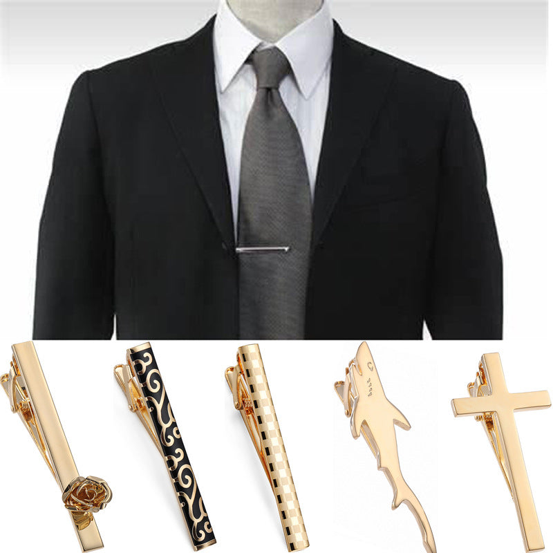 Black Enamel Silver Diagonal Stripes Tie Clip Cuff Buckle Set