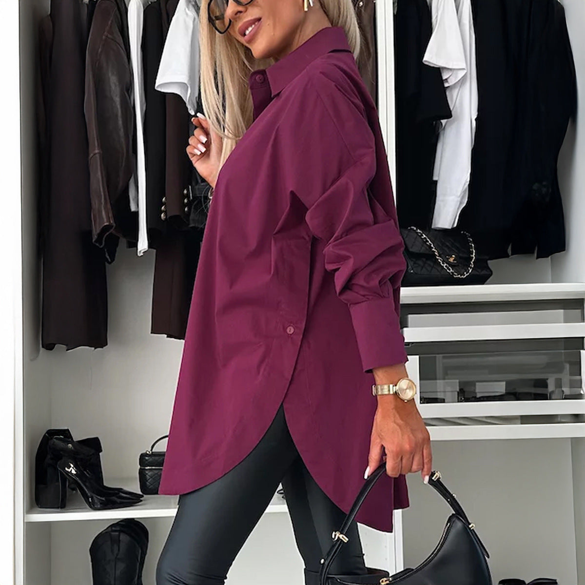 Solid-color Button-down Long-sleeve Versatile Chic Work Shirt