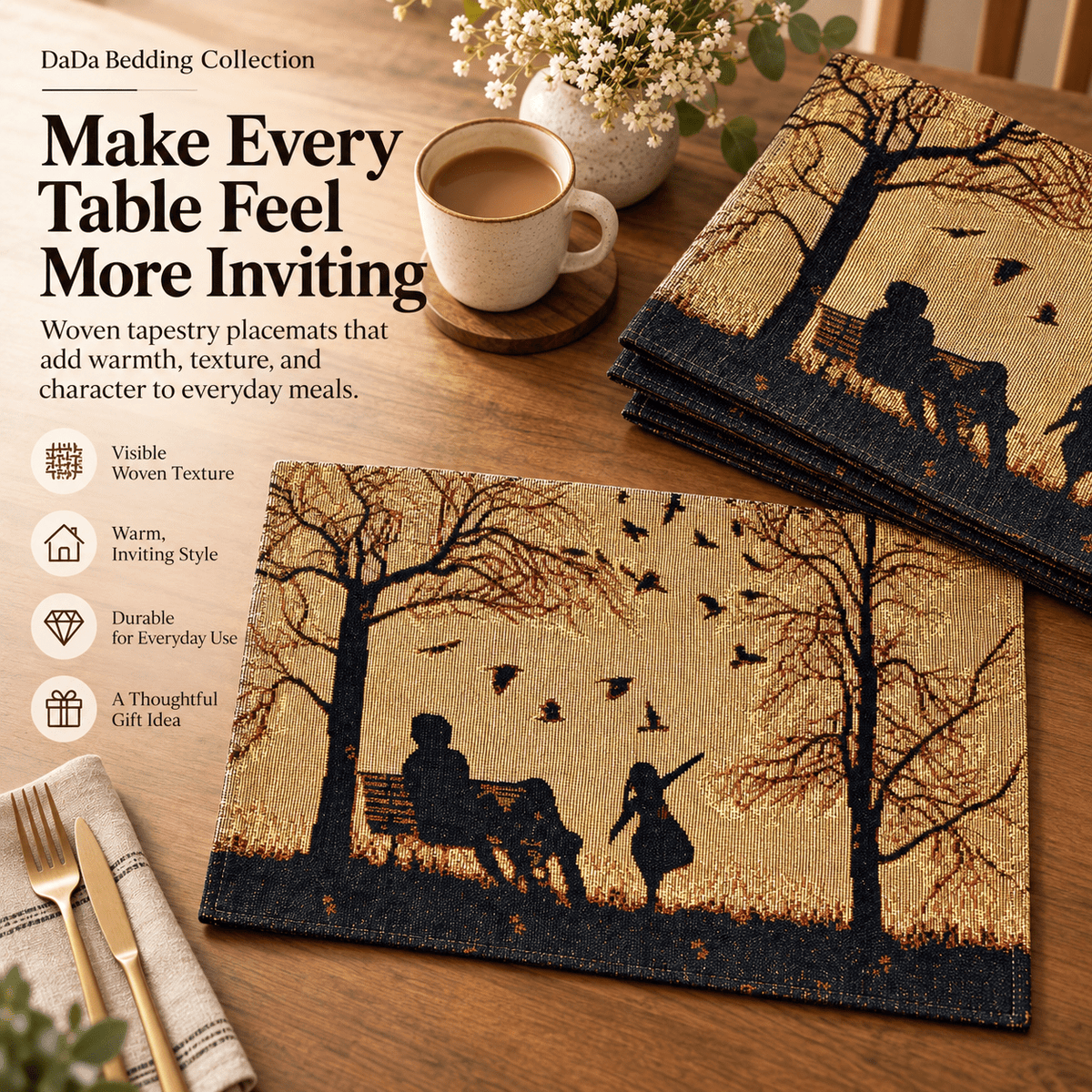 DaDalogy Bedding Set of 4 Pieces Autumn Birds Blessing Tapestry Dining Placemats 13” x 19” (Halloween)
