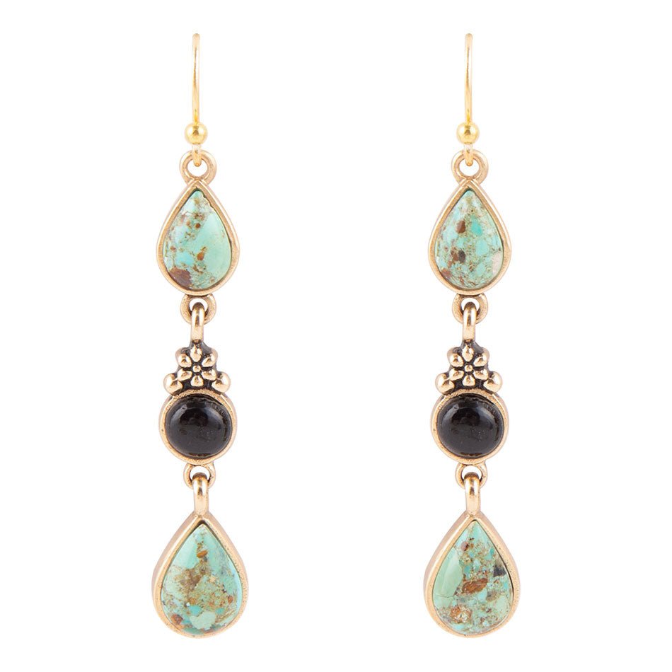Barcelona Blue Turquoise and Black Onyx Linear Drop Golden Earrings