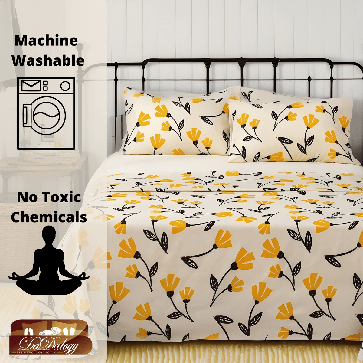 DaDa Bedding Yellow Fleur Floral Fitted and Flat Sheet Set