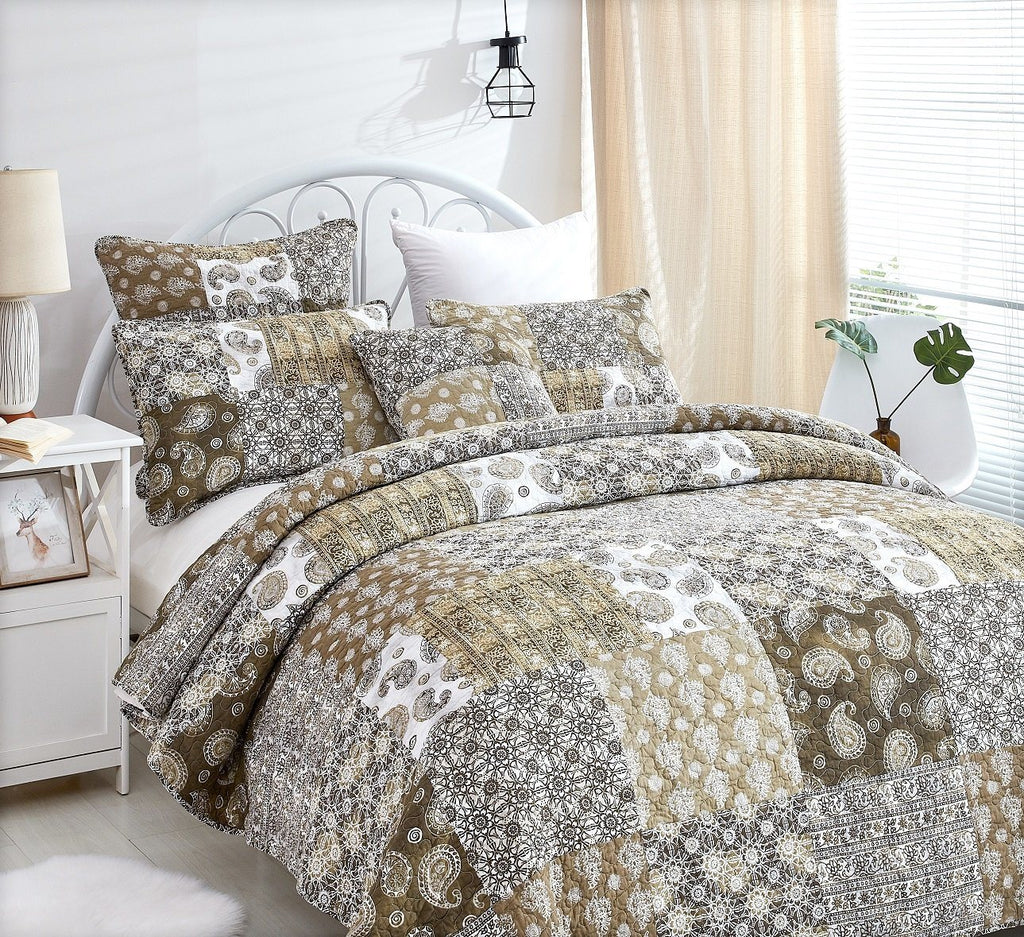 DaDa Bedding Bohemian Olive Brown Moroccan Paisley Floral Filigree Patchwork Cotton Bedspread Set (JHW-885)