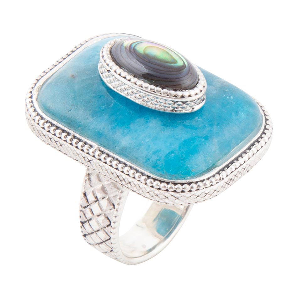 Blue Apatite and Abalone Stacked Sterling Silver Ring