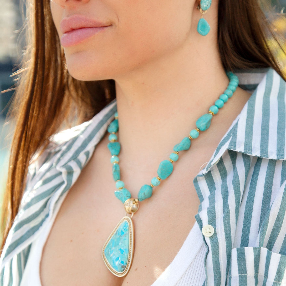Blue Turquoise Triangle Golden Pendant Necklace