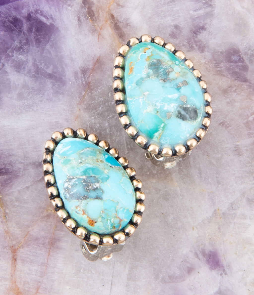 Clip On Blue Turquoise Golden Earrings