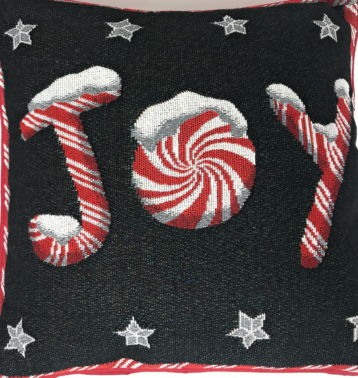 DaDa Bedding Peppermint Joy Stars Red Black Tapestry Throw Pillow Cover - 16” x 16” (12904)
