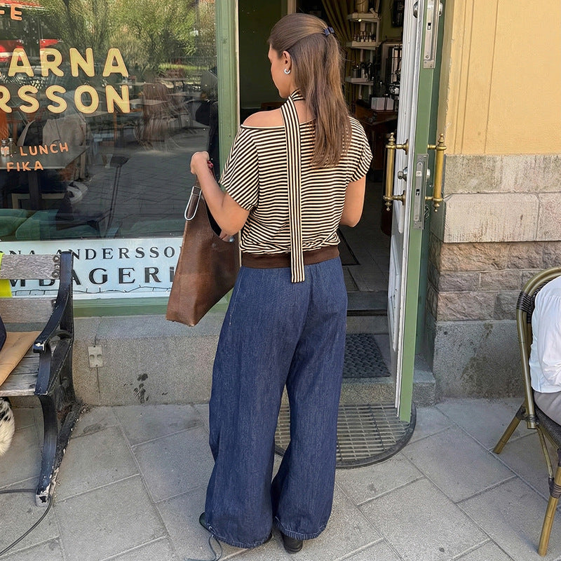 Asymmetrical Slanted-neck Striped T-shirt For Women