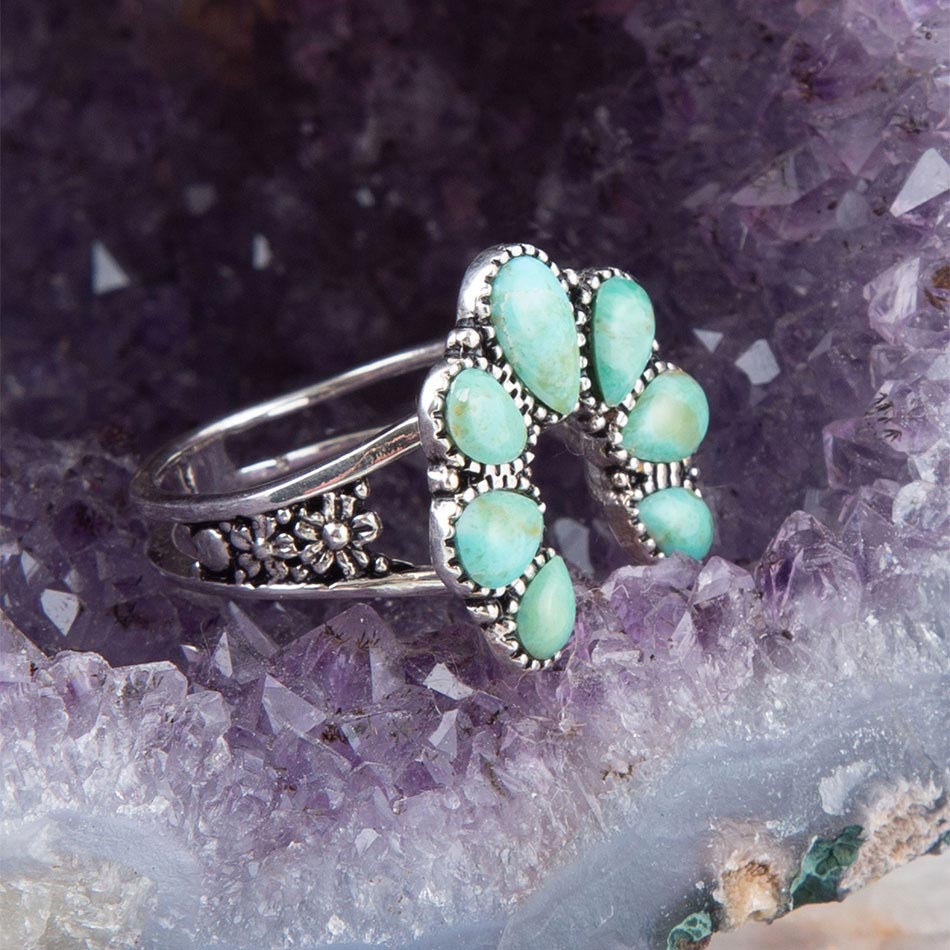 Floral Blue Turquoise and Sterling Silver Ring