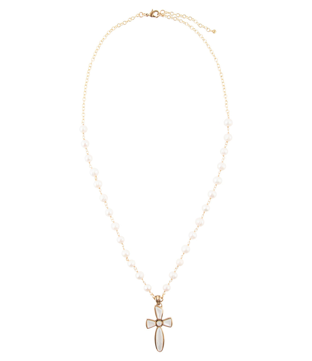 Las Cruces White Pearl Cross Pendant Necklace