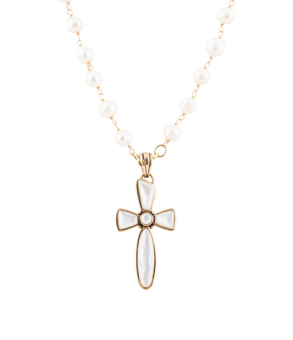 Las Cruces White Pearl Cross Pendant Necklace