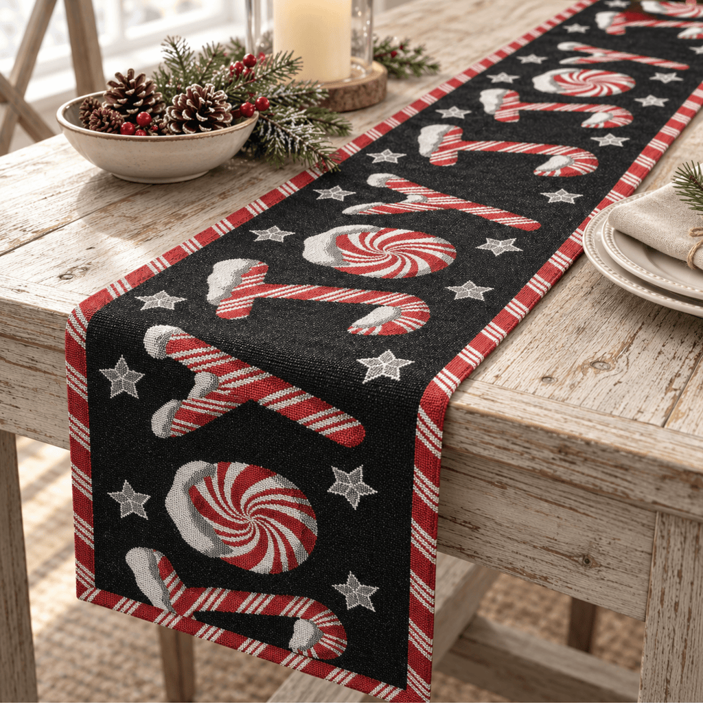 DaDa Bedding Peppermint Joy Red Black Holiday Tapestry Dining Table Runner (12904)