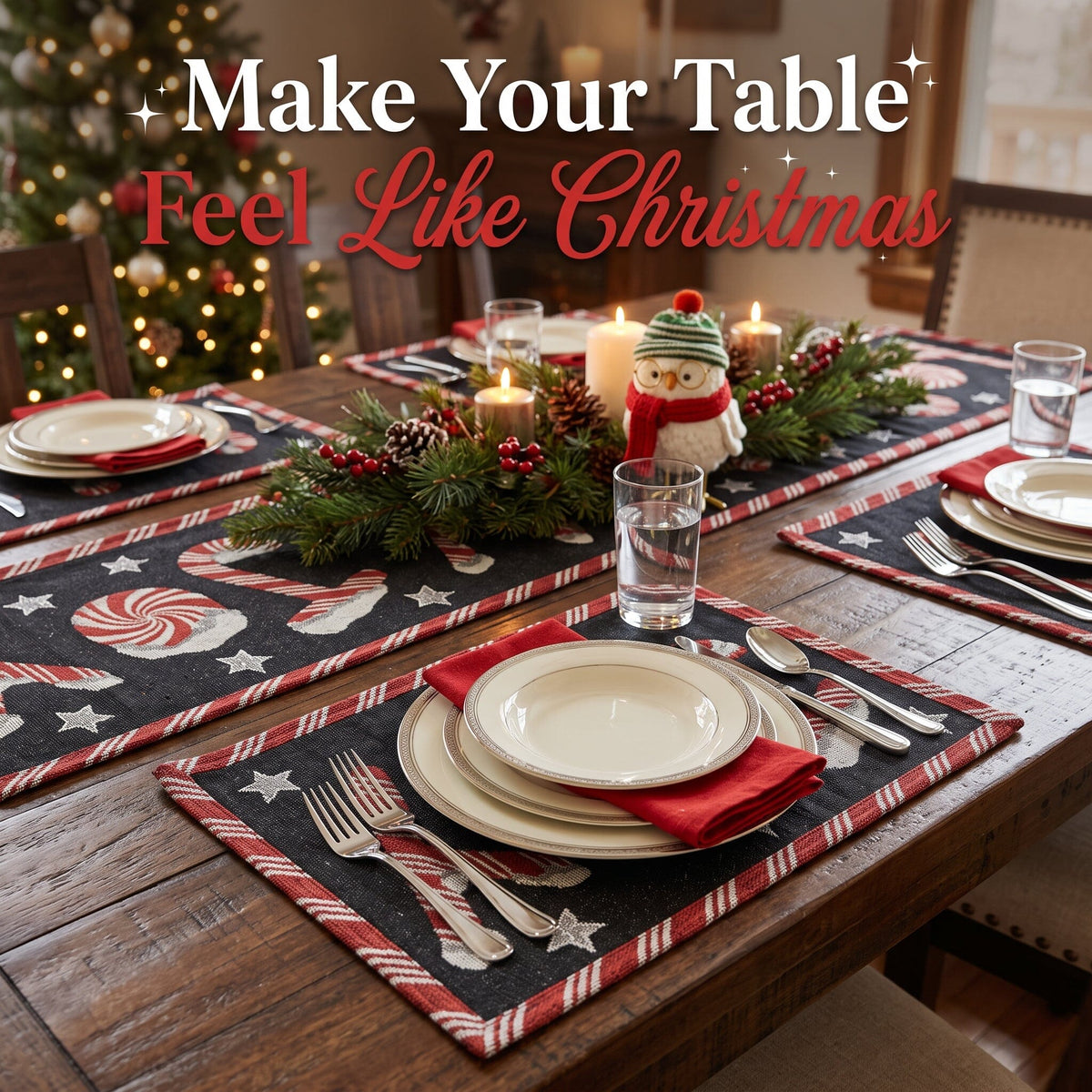 DaDa Bedding Set of 4-Pieces Peppermint Joy Holiday Tapestry Placemats 13” x 19” (12904)