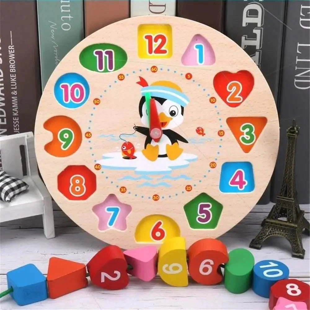 Montessori Cartoon Animal Educational Wooden Beaded Geometry  Digital Clock Puzzles Matching Clock Toy For Children