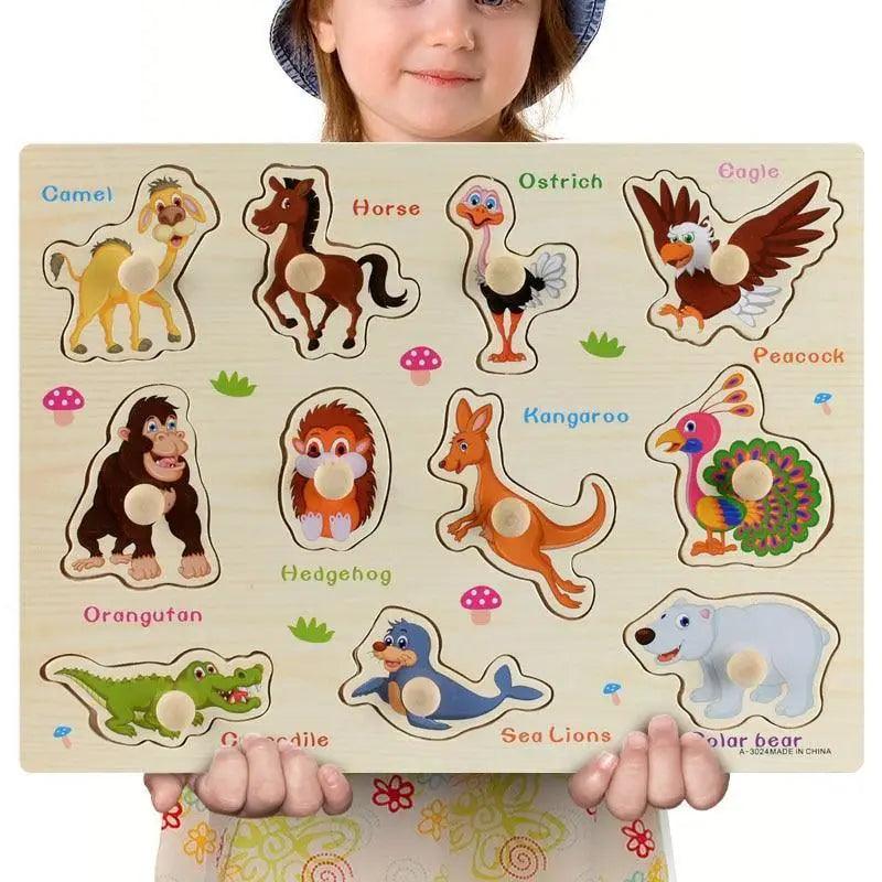 Montessori Wooden Puzzles Hand Grab Boards Toys Tangram Baby Educational Toys Cartoon Vehicle Animals Fruits 3D Puzzles