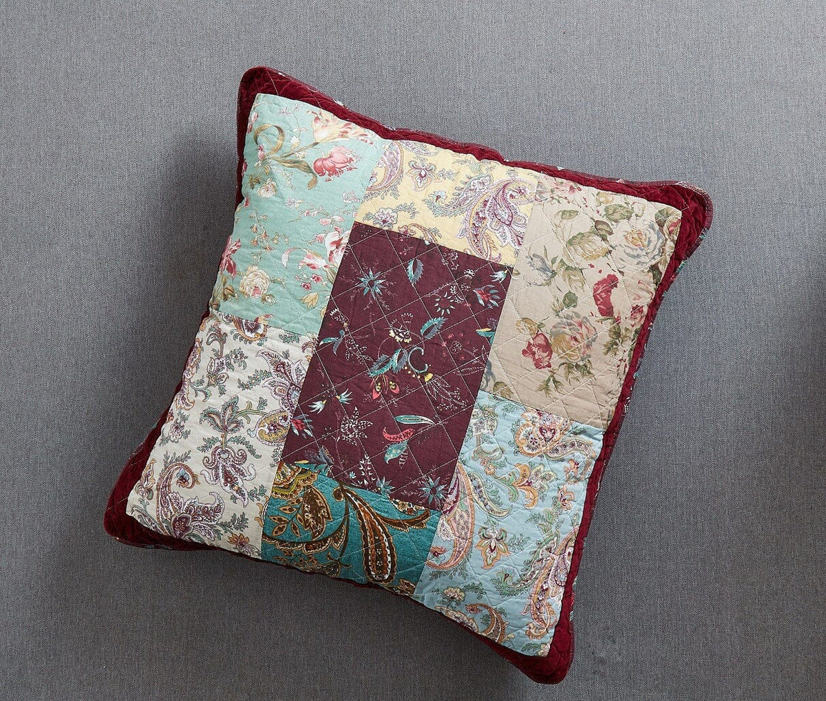 DaDa Bedding Patchwork Burgundy Red Velvet Floral Euro Pillow Cover, 26" x 26" (JHW-868)