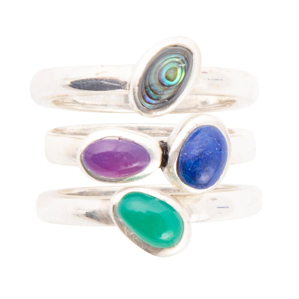Peacock Colorful Multi-Stone and Sterling Silver Ring Set