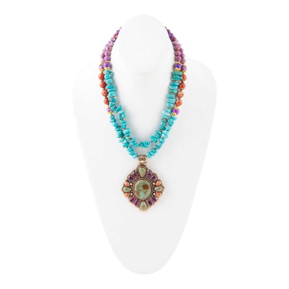 Prescott Blue Turquoise Purple and Orange Statement Pendant Golden Necklace