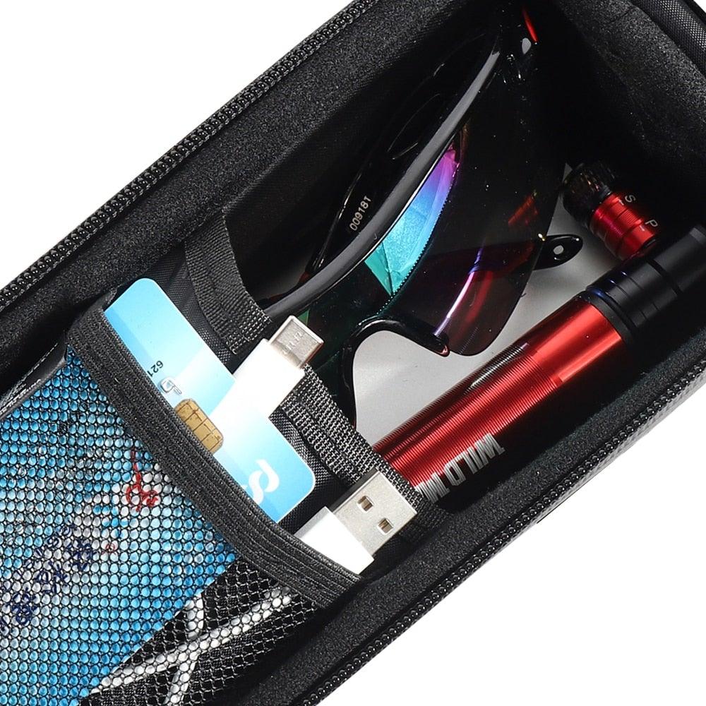 Black Bike Bag Frame Front Top Tube Cycling Bag Waterproof Phone Case Touchscreen Bag  Pack Bicycle Accessories Bike Bicycle Bag Waterproof Bike Phone Mount Bag Front Frame Top Tube Handlebar Bag Touch Screen Holder Case For Cell Phones 6.6in