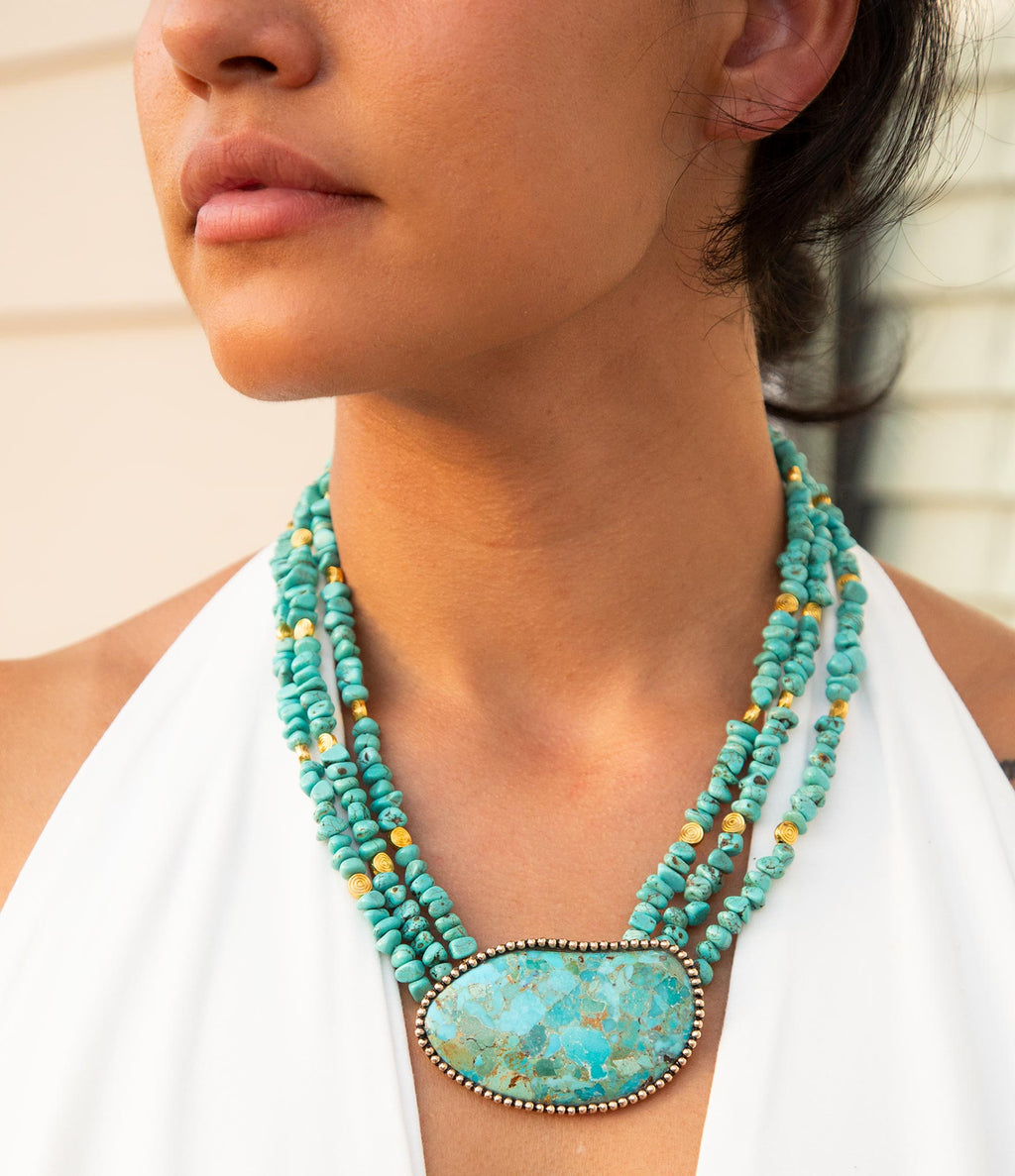 Refined Blue Turquoise Golden Statement Necklace