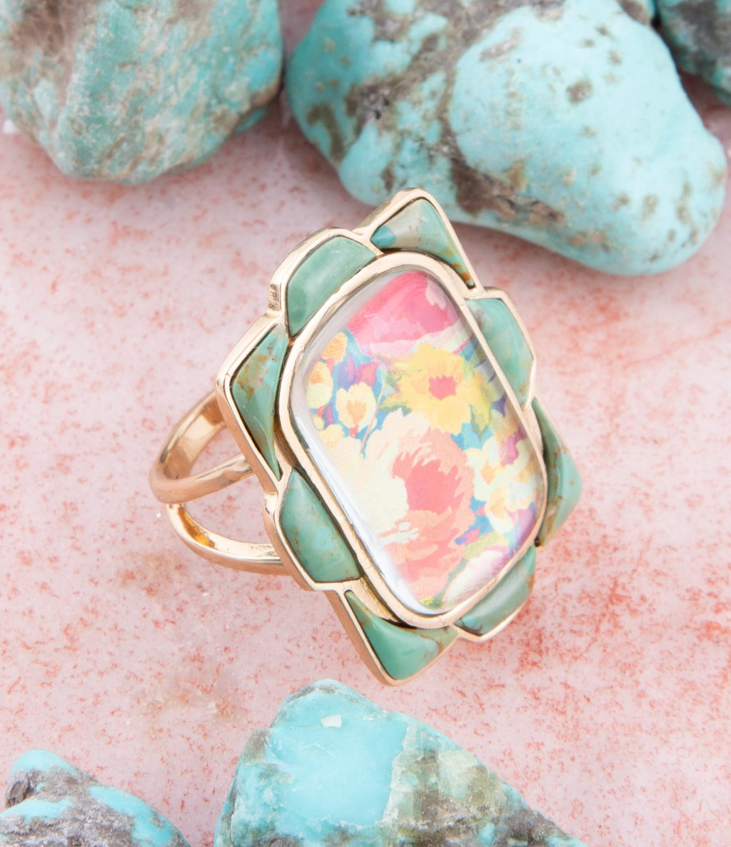 Scenic Floral Blue Turquoise Golden Ring