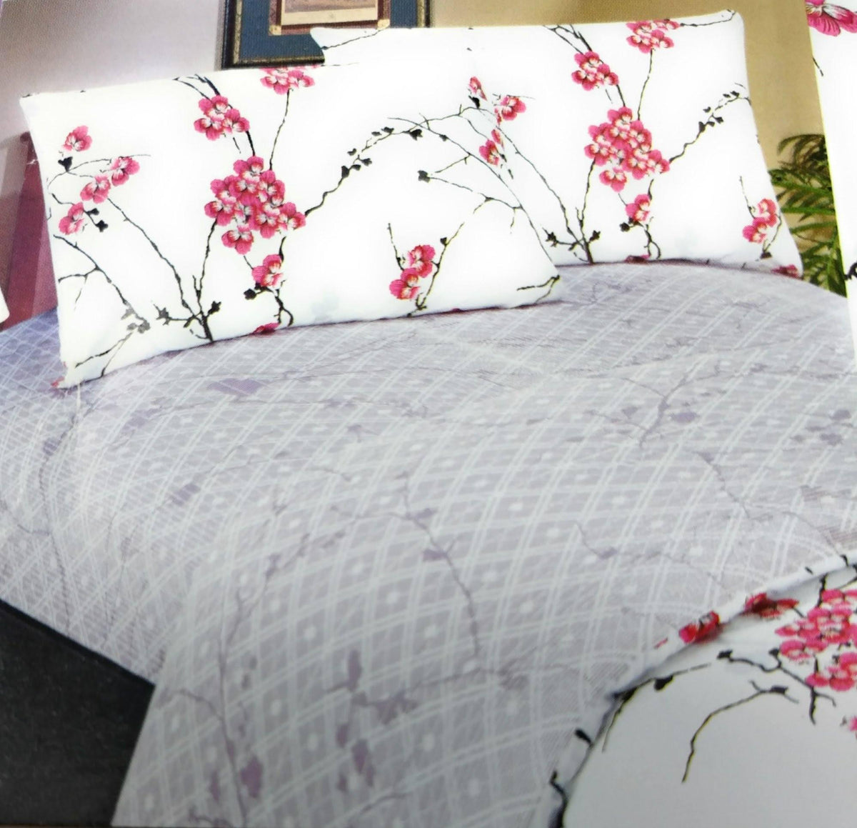 DaDa Bedding Floral Cherry Blossoms Red Purple Fitted Sheet & Pillow Cases Set (FTS8318)