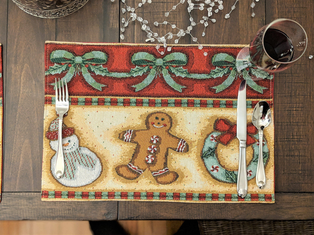 DaDa Bedding Set of 8 Pieces Gingerbread Sweets Holiday Table Tapestry - 4 Placemats, 2 Table Runners, 2 Throw Pillow Covers (12917)