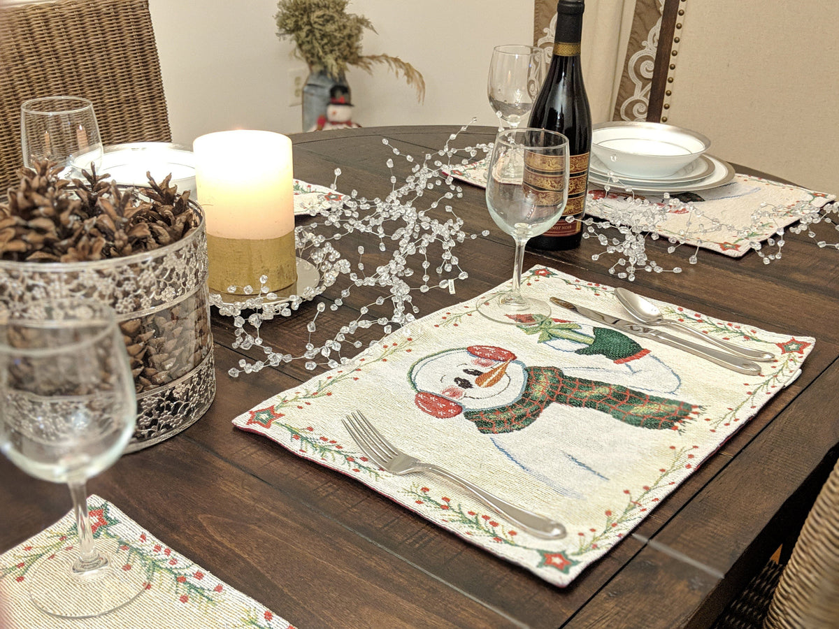 DaDa Bedding Set of 8 Pieces Magical Snowman Holiday Table Tapestry - 4 Placemats, 2 Table Runners, 2 Throw Pillow Covers (9733)